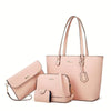 Set of three pink handbags including a large tote, medium satchel, and small clutch on a white background.